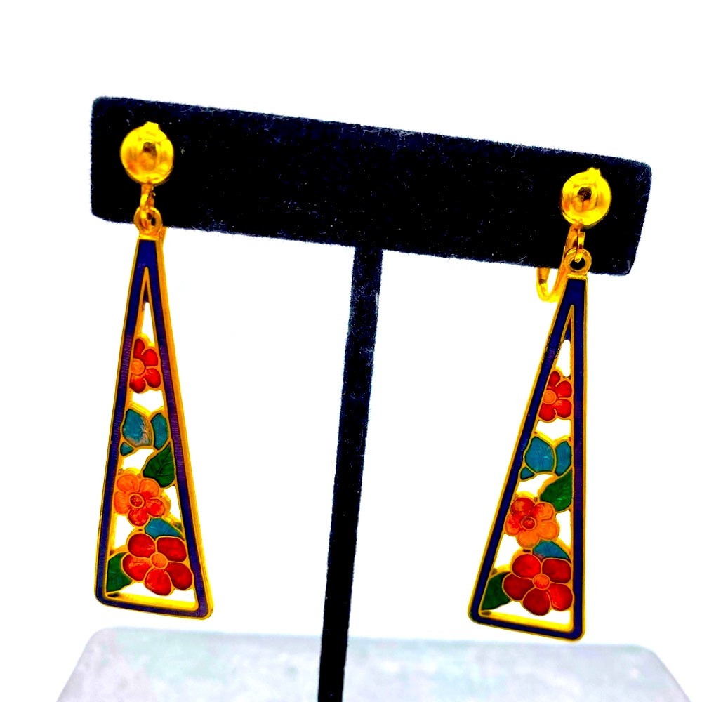 Vintage Cloisonné GoldTone Floral Cut Out Design Triangle Shape Clip On Earrings